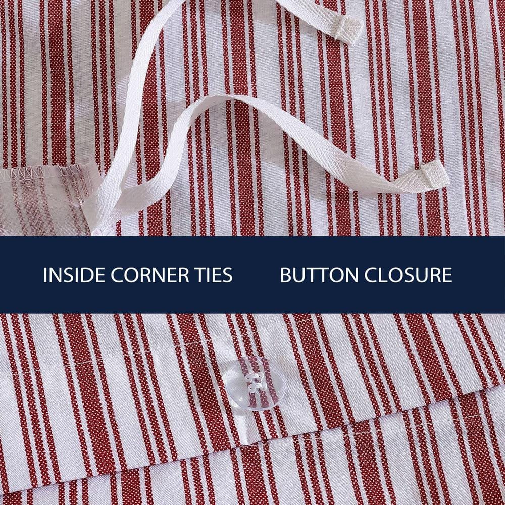 Coleridge Stripe Red Cotton Queen Duvet Cover with Button Closure