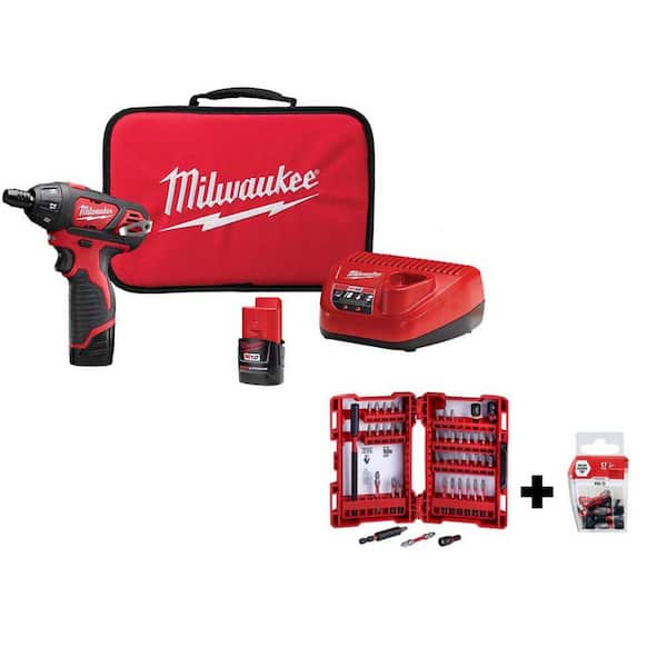 Milwaukee M12 12V Lithium-Ion Cordless 1/4 in. Hex Screwdriver Kit w/SHOCKWAVEImpact-Duty Driver Bit Set (62-Piece)