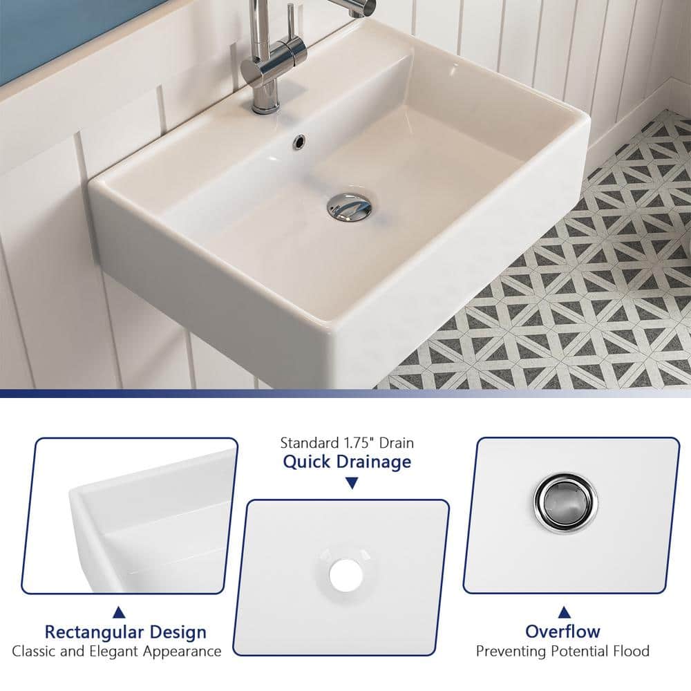 23'' White Ceramic Rectangular Wall-Mount Bathroom Sink