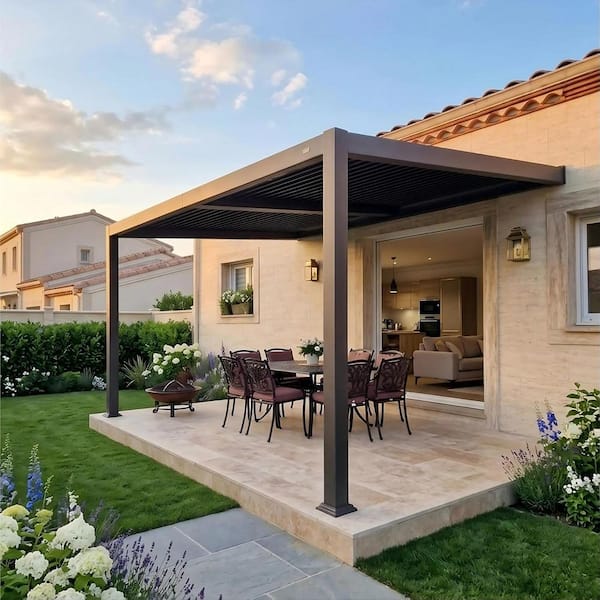 10 ft. x 12 ft. Grey Aluminum Outdoor Wall-mounted Louvered Pergola with Individual Adjustable Sunshade Roofs