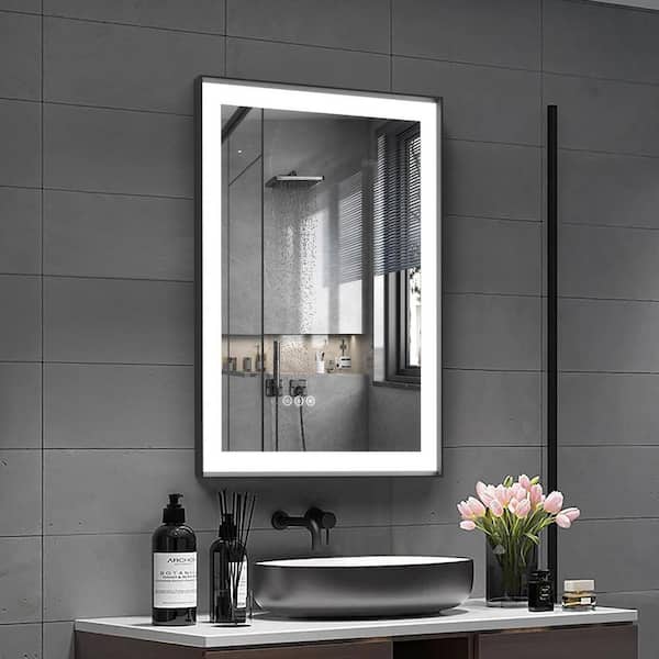 Elevatehome 24 in. W x 36 in. H Rectangular Black Framed Anti-Fog LED Dimmable 3CCT Light Modern Wall Bathroom Vanity Mirror