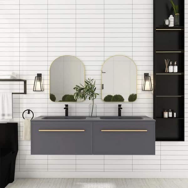 JimsMaison 60 in. W x 18 in. D x 17 in. H Double Sink Floating Bath Vanity in Gray with Gray Solid Surface Top