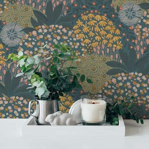 Fusion Collection Forest Bloom Motif Turquoise/Yellow Matte Finish Non-Pasted Vinyl on Non-woven Wallpaper Sample