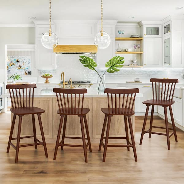 24 in. Brown Classic Windsor Back Contoured Seat Bar Stools Solid Wood Counter Height Barstools(Set of 4)