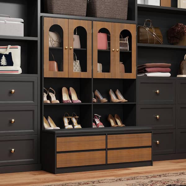 63.6 in. H x 47.2 in. W Black and Oak Shoe Storage Cabinet with Cushioned Bench, Glass Doors, Open Shelves, and Drawers