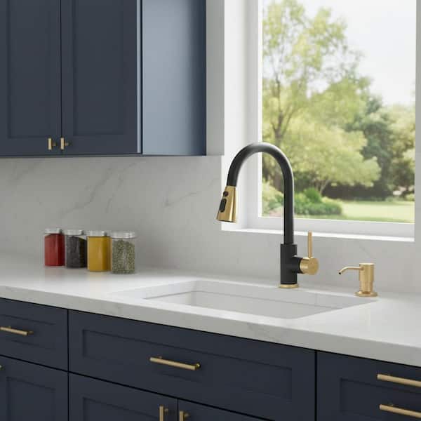 Single Handle Pull Down Sprayer Kitchen Faucet with 3-Function Sprayer and Soap Dispenser in Black and Gold