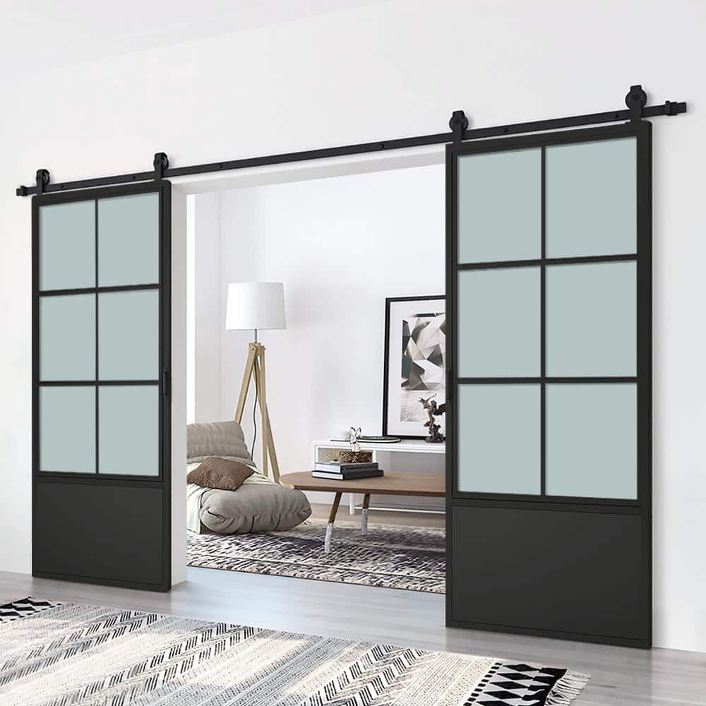 84" x 84" Black Steel Frame Frosted Glass Double Barn Door
