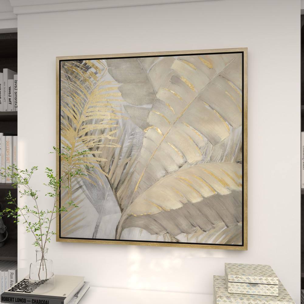 Gold and Gray Palm Leaf Framed Canvas Wall Art, 40" x 40"