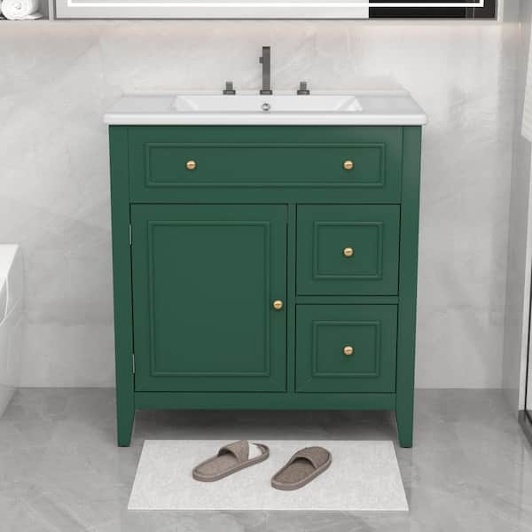 Qualler 30 in. W x 18 in. D x 32.5 in. H Single Sink Freestanding Bath Vanity in Green with White Ceramic Top