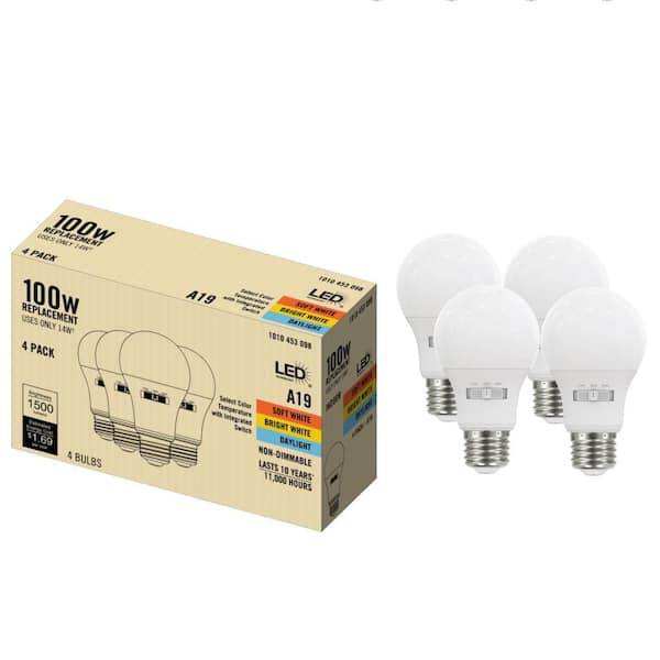 100-Watt Equivalent A19 E26 Base Non-Dimmable LED Light Bulb with Selectable Color Temperature (4-Pack)