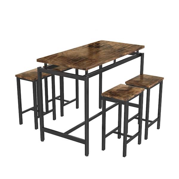 mieres 21 Saviq 5-Piece Rectangle Wood Top Rustic Brown Bar Table Set with 4 Stools