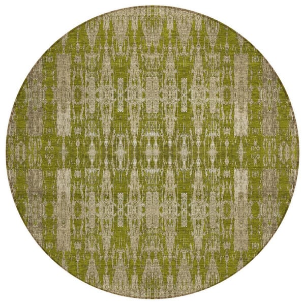 Olive Green, Taupe, Beige 8 Round ft. Woven Moroccan Polyester Round Indoor / Outdoor Area Rug