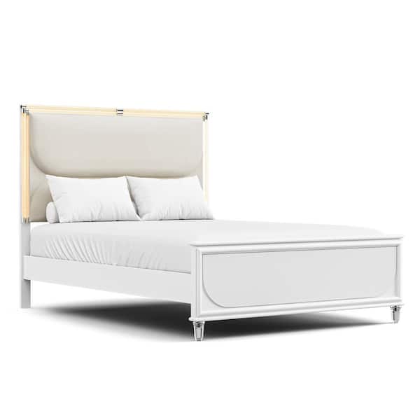 Glosan Pearl White Wood Frame Full Kids Platform Bed with LED on Upholstered Headboard