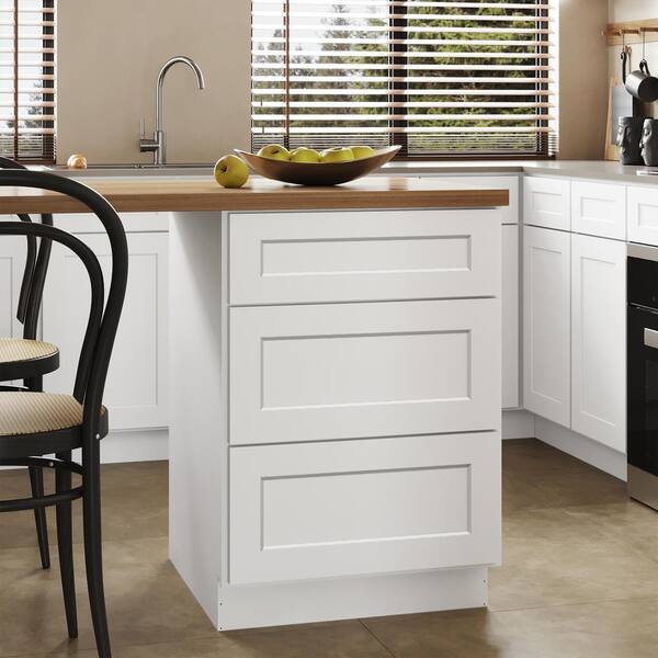 24 in. W x 24 in. D x 34.5 in. H Ready to Assemble Plywood Base Kitchen Cabinet with 3-Drawers in Shaker White
