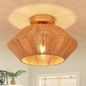 12.8 in. 1-Light Yellow Country/Farmhouse Semi-Flush Mount Ceiling Light with Hemp Rope Cage Shade
