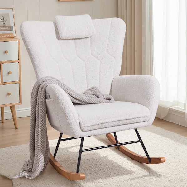 VECELO White Nursery Rocking Chair Teddy Fabric Upholstered Glider Rocker with Headrest High Backrest Rocking Accent Chair THD RC05 WHT