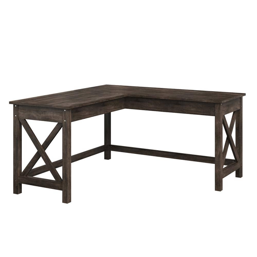 Dark Gray Oak L-Shaped Computer Desk with X-Pattern Legs