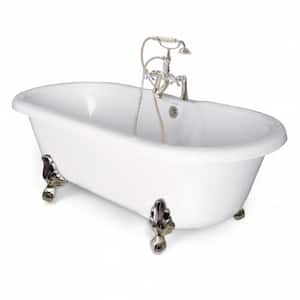60 in. AcraStone Acrylic Double Clawfoot Non-Whirlpool Bathtub in White with Large Ball Claw Feet Faucet in Satin Nickel