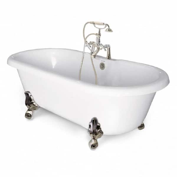 American Bath Factory 70 in. AcraStone Acrylic Double Clawfoot Non-Whirlpool Bathtub in White with Large Ball Claw Feet Faucet in Satin Nickel