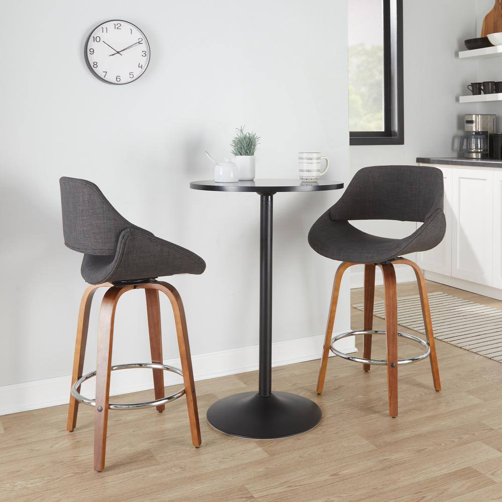 Walnut and Charcoal Swivel Counter Stools with Chrome Footrest, Set of 2