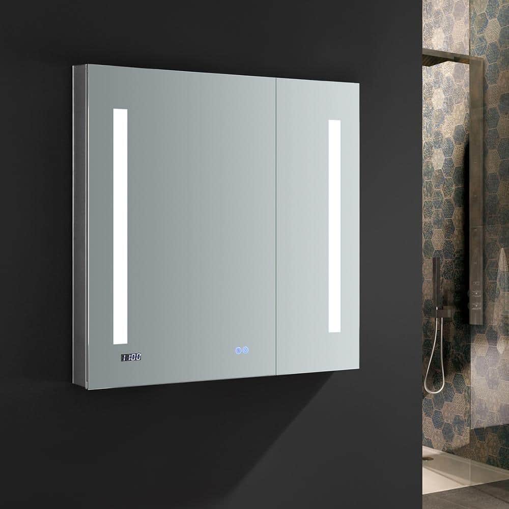 Modern 30'' Square Frameless Mirrored LED Medicine Cabinet with Clock