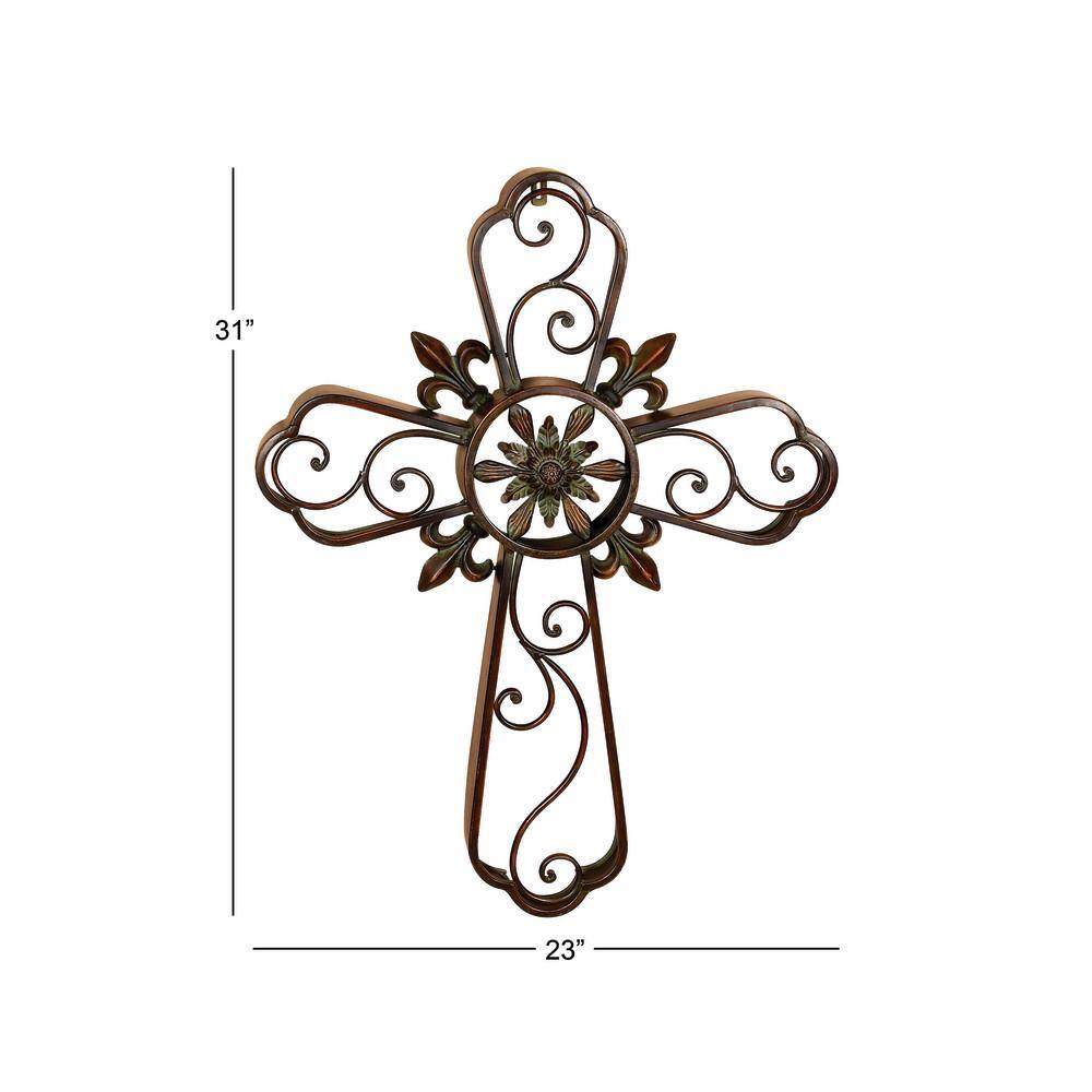 Brown Metal Scroll Cross Wall Sculpture with Floral Center