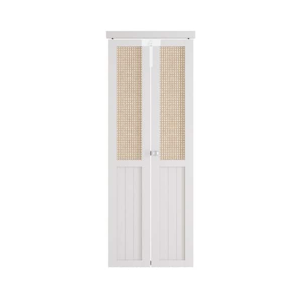 36 in. x 80 in. Half Cane Webbing & Wood Half Solid Core White PVC Covering MDF Bi-fold Door with Locks and Handles