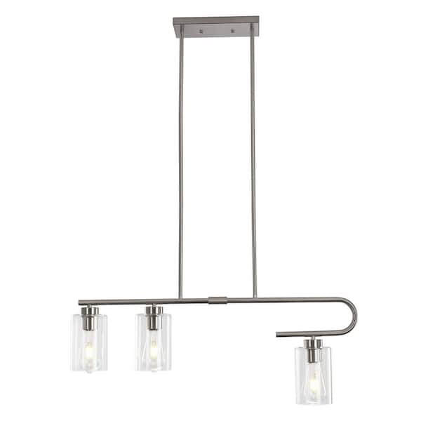 3-Light Nickel Linear Height Adjustable Industrial Chandelier for Kitchen Island with Clear Glass Shades