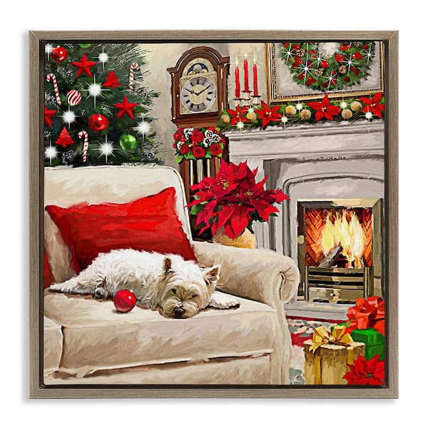 Stupell Industries Cozy Dog by Holiday Mantle by Adam Sanderson 1 Piece Floater Frame Graphic Print Animal Poster Art Print 18 in. x 18 in.
