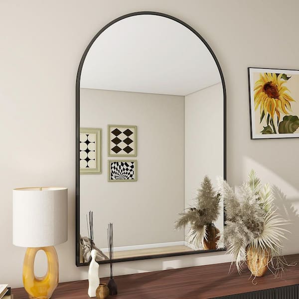 24 in. W x 36 in. H Arched Framed Wall Bathroom Vanity Mirror in Black with Metal Frame
