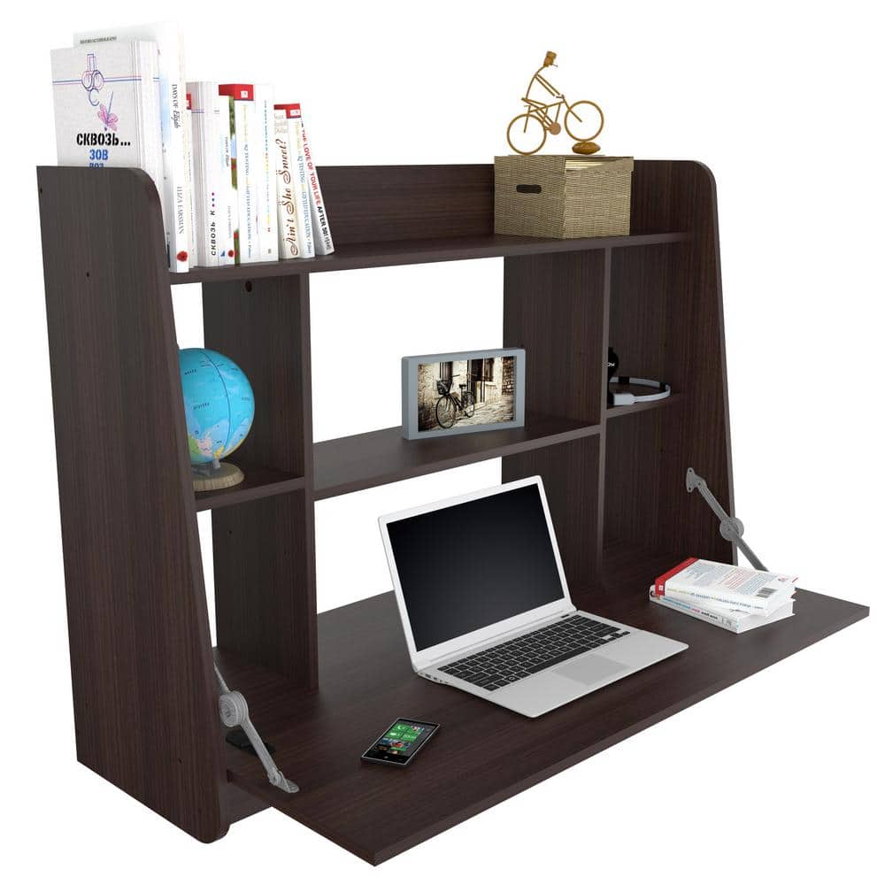 Espresso Foldable Wall Desk with Storage Shelves
