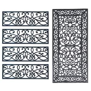 Decorative Scrollwork Indoor/Outdoor Entryway Rubber Door Mat Set with Stair Tread Cover (5-Piece Set)