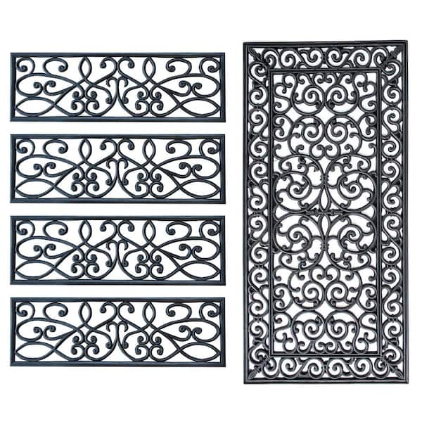 AmeriHome Decorative Scrollwork Indoor/Outdoor Entryway Rubber Door Mat Set with Stair Tread Cover (5-Piece Set)