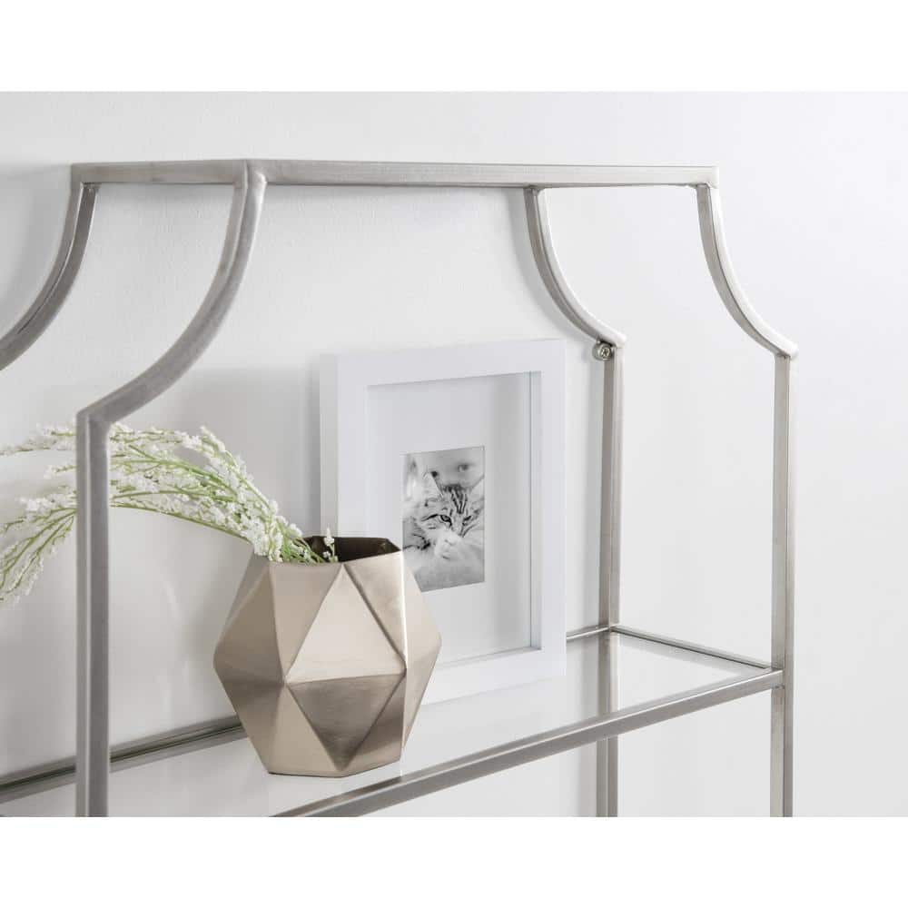 Elegant Scalloped Silver Metal and Glass Cube Wall Shelf