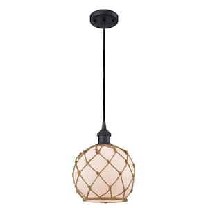 Farmhouse Rope 1-Light Matte Black Globe Pendant Light with White Glass with Brown Rope Glass and Rope Shade