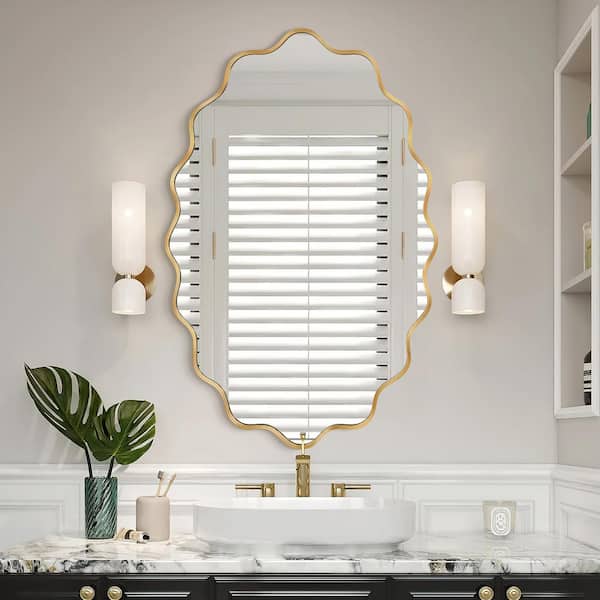 24 in. W x 36 in. H Oval Gold Aluminum Alloy Framed Scalloped Wavy Wall Mirror