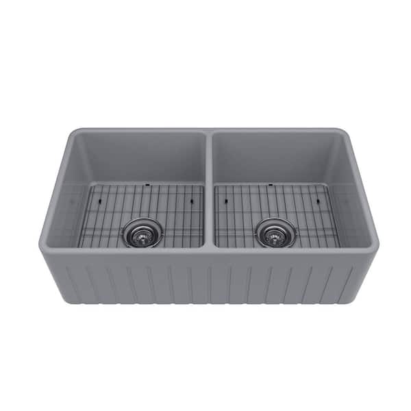 33 in. Dual Mount Double Bowl Striped Gray Fireclay Kitchen Sink with Bottom Grid and Strainer Drain