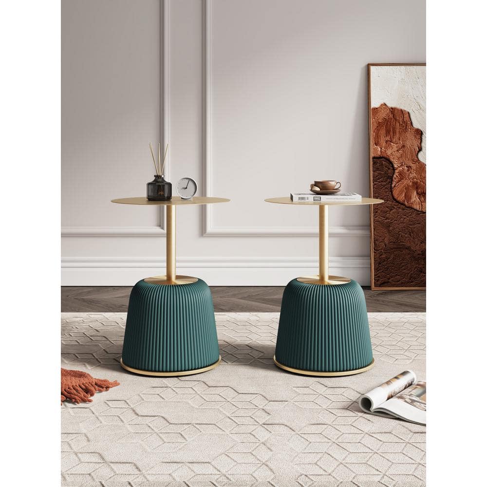 Modern Green and Gold Metal Round Accent Tables, Set of 2