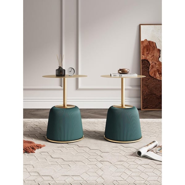 Manhattan Comfort Anderson Modern 15.75 in. Green Round Metal Faux Leather Upholstered End Table (Set of 2)