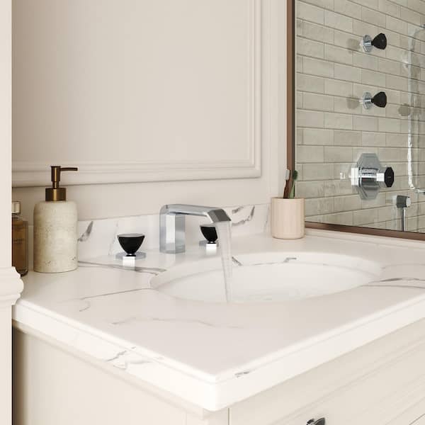 Art Deco 8 in. Widespread Double Handle Bathroom Faucet with PVD Handwheel in Black and Chrome