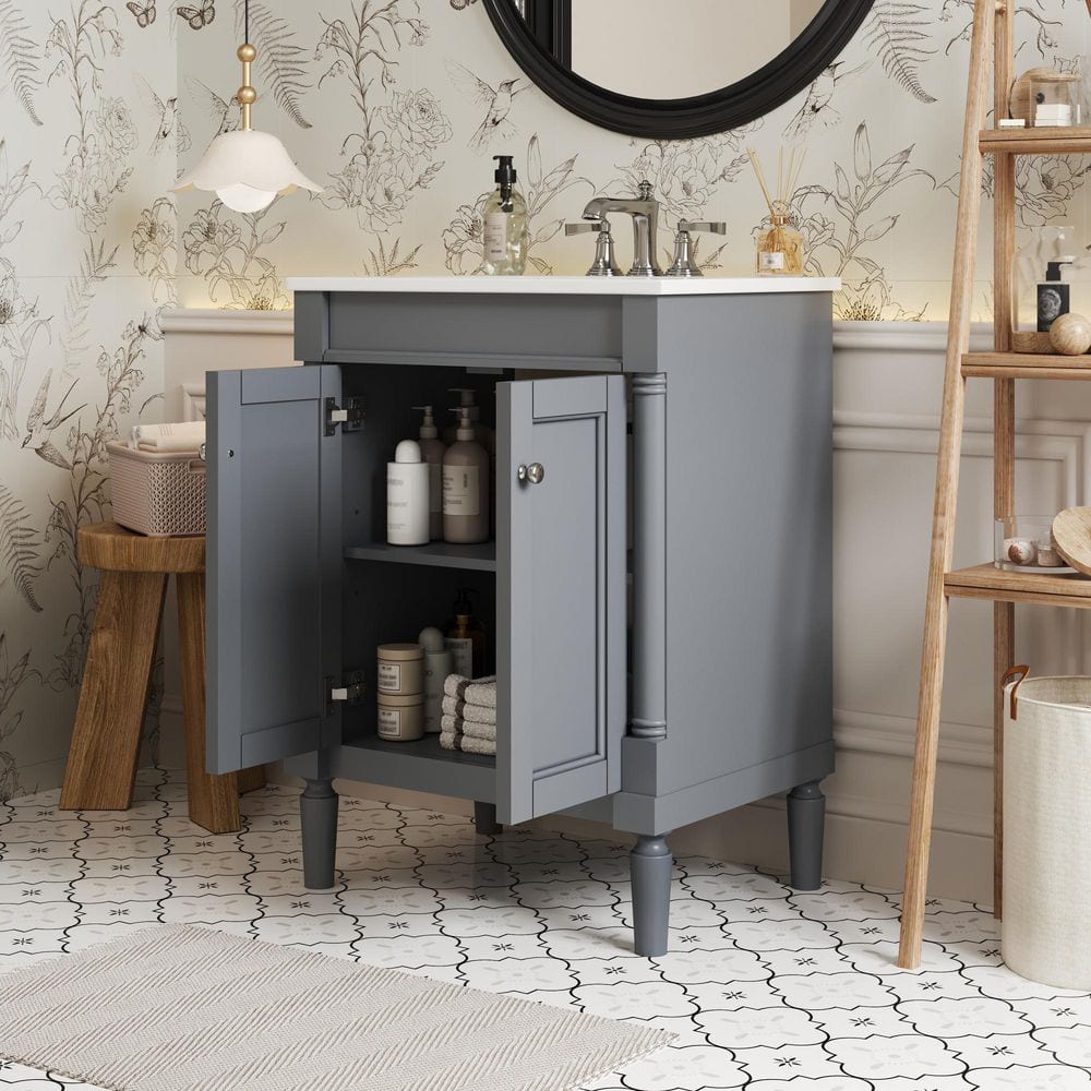 24 in. Single Sink Freestanding Gray Bath Vanity with White Ceramic Sink Top, Storage Cabinet with Soft Close Door price history on PriceWatchPro