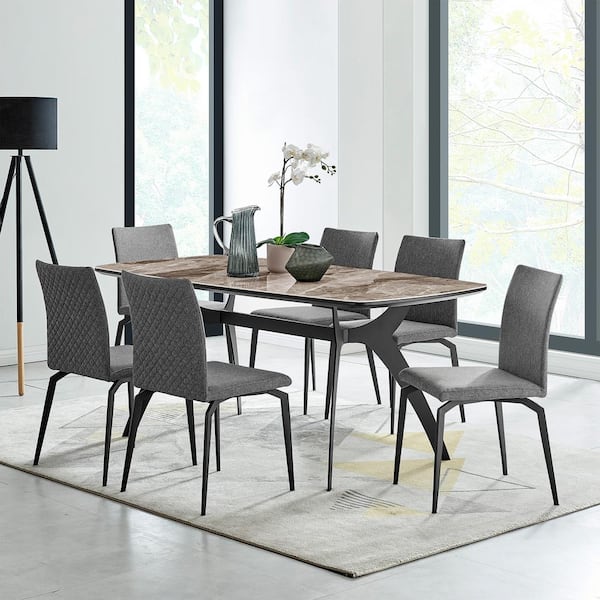 Armen Living Andes and Lyon 7-Piece Gray Fabric Rectangular Dining Set