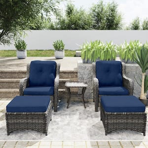5-Piece Wicker Outdoor Patio Conversation Set with Blue Cushions, Ottomans and Side Table