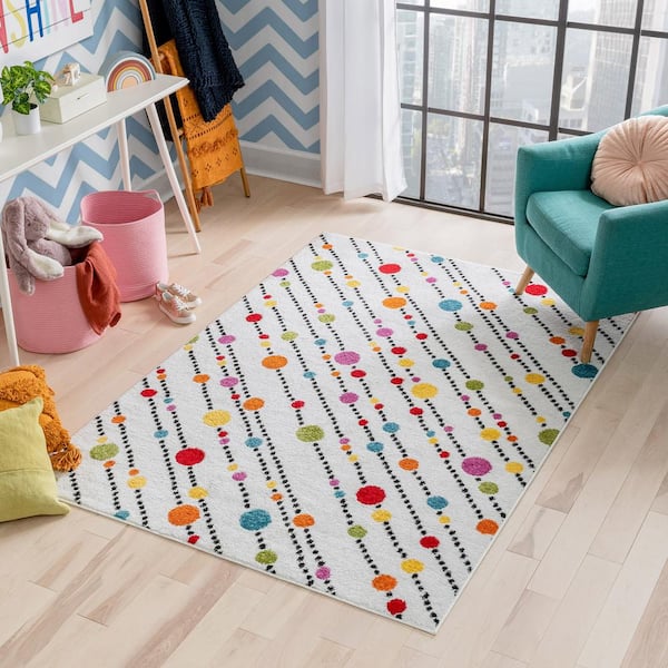 StarBright Dandy Dots and Stripes White 3 ft. x 5 ft. Kids Area Rug