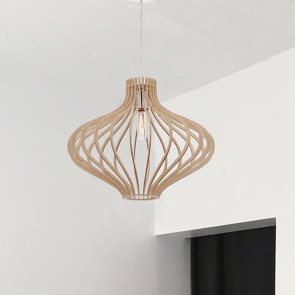 Sanaa 60-Watt 1-Light Kula Wood Tropical Pendant Light with Wood Shade and No Bulbs Included