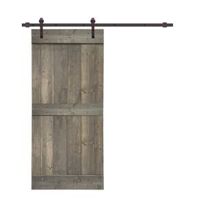 Distressed Mid-Bar 24in. x 84in. Weather Gray Stained Solid Knotty Pine Wood Interior Sliding Barn Door w/ Hardware Kit