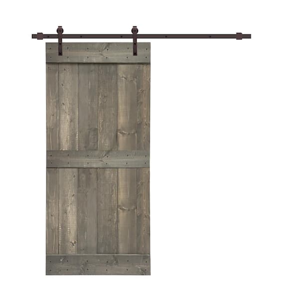 CALHOME Mid-Bar Series 24 in. x 84 in. Solid Weather Gray Stained Pine Wood Interior Sliding Barn Door with Hardware Kit
