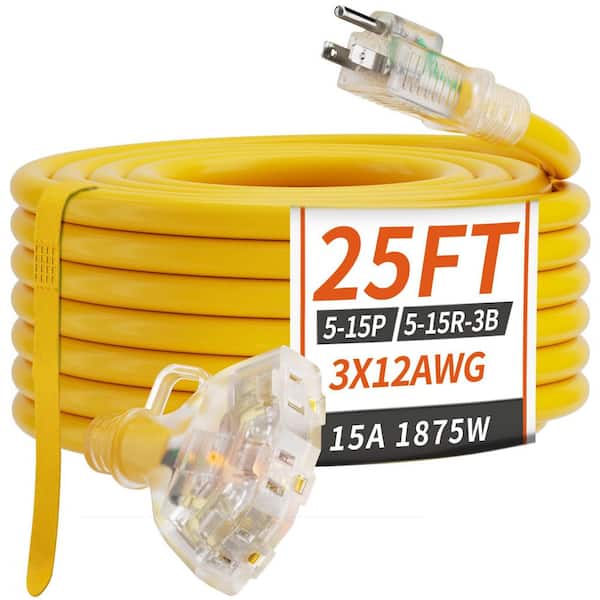 25 ft. 12/3 Gauge SJTW Heavy Duty Outdoor Extension Cord w/Multiple Outlets Light Indicaton Waterproof Yellow, 15A 1875W