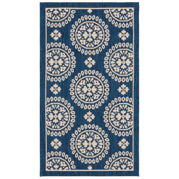 Courtyard Navy 3 ft. x 5 ft. Floral Geometric Indoor/Outdoor Area Rug