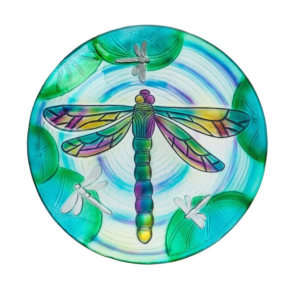 Evergreen 18 in. Fluttering Dragonfly Pond Hand Painted Embossed Glass Bird Bath